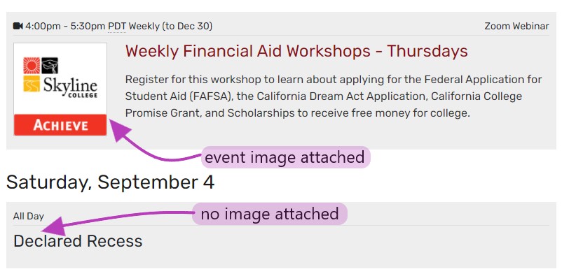 screenshot demonstrating what an event image looks like on the calendar