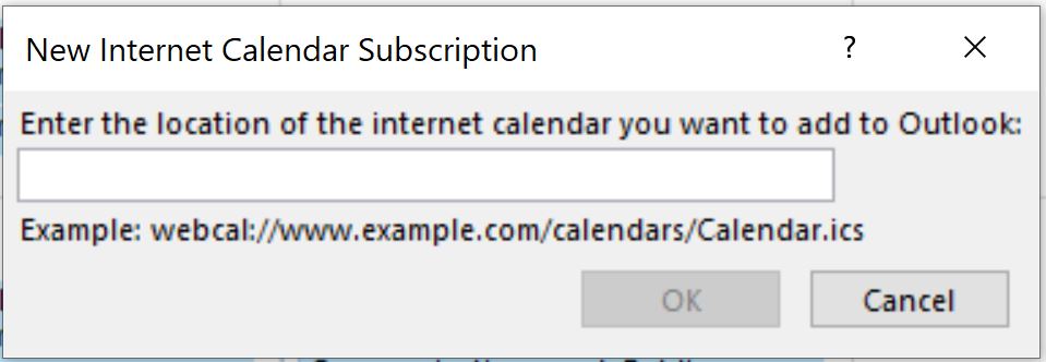 screenshot demonstrating the pop-up window to add the calendar to Outlook