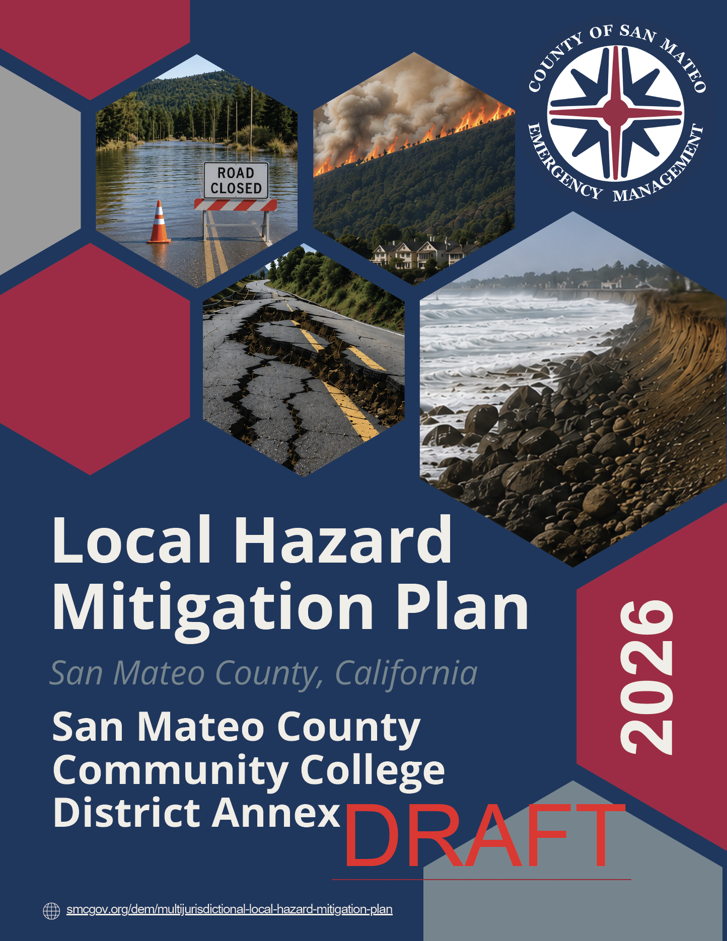 Hexagonal panels showing natural hazards: flooded road, wildfire, cracked pavement, coastal waves