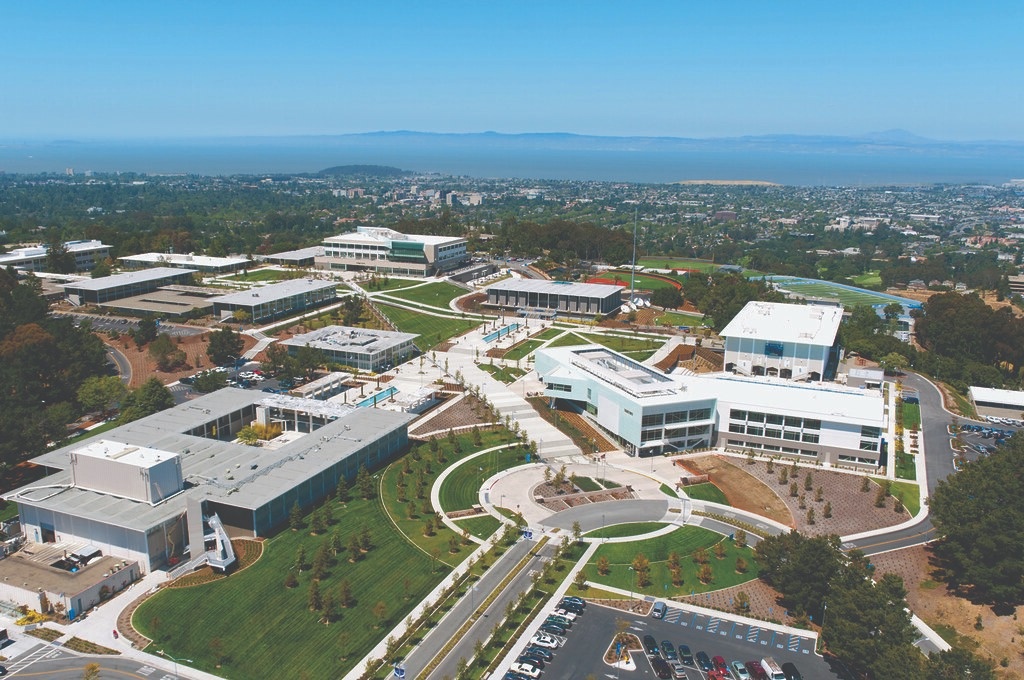 College of San Mateo campus quad with students walking between modern academic buildings