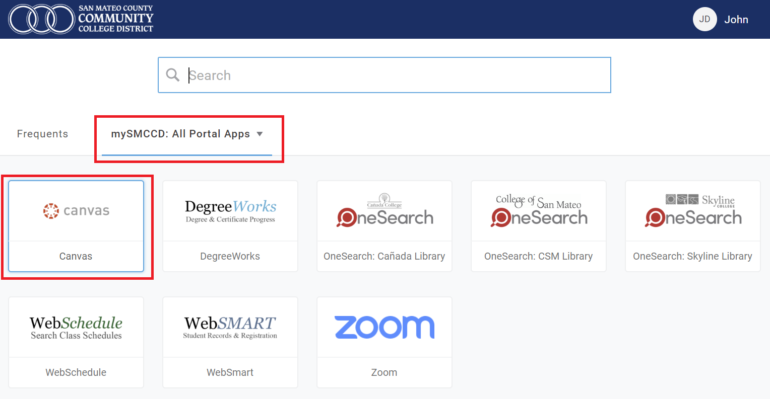 mySMCCD Portal with Canvas icon highlighted