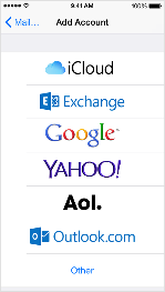 iOS Screen listing online mail services accounts to add