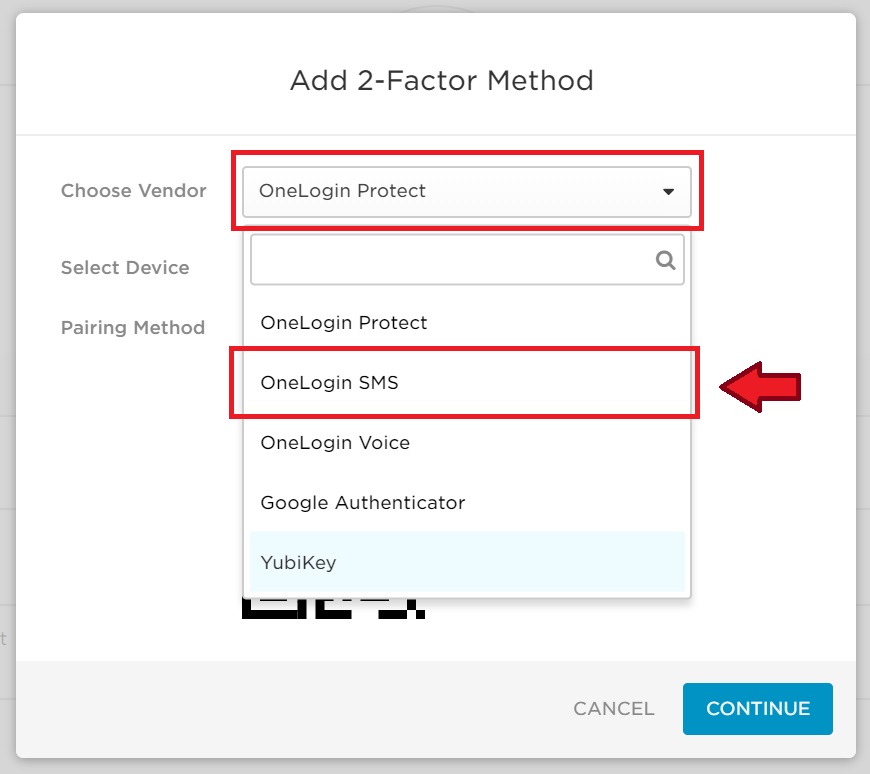 OneLogin SMS option is highlighted on Choose vendor drop down field