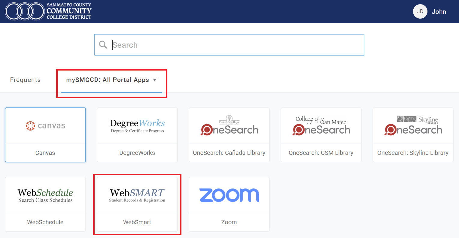 WebSMART icon button is highlighted under mySMCCD: Portal tab in the mySMCCD portal