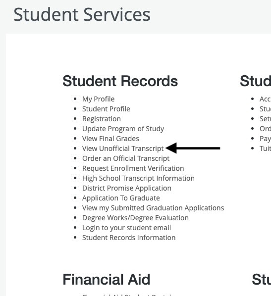 screenshot of WebSMART student portal with arrow pointing to the link labeled request unofficial transcript